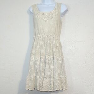 Women's Elegant Cream Lace Dainty Feminine Coquette Boho Romantic Mini Dress